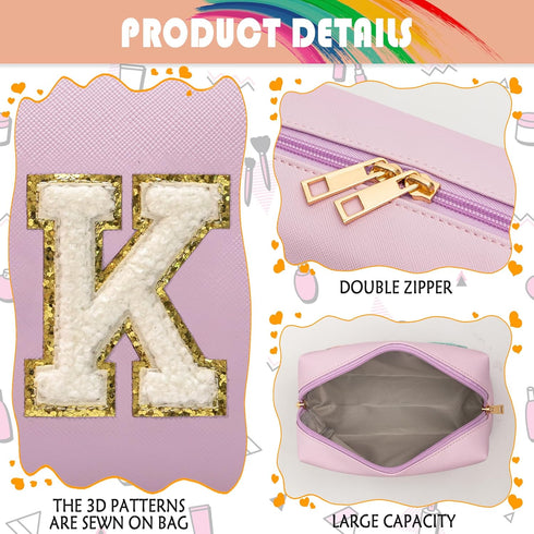 Makeup Bag Preppy Cosmetic Pouch, Monogram Initial Pink Cute Skincare Travel Make up Organizer, Waterproof PU Preppy Case Brithday Gift for Daught...