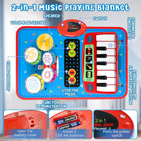 2-in-1 Musical Mat Toys for 1 2 3 4 5 Year Old, Piano Keyboard & Drum Set with 2 Drum Sticks, Early Educational Musical Learning Toys Birthday for...