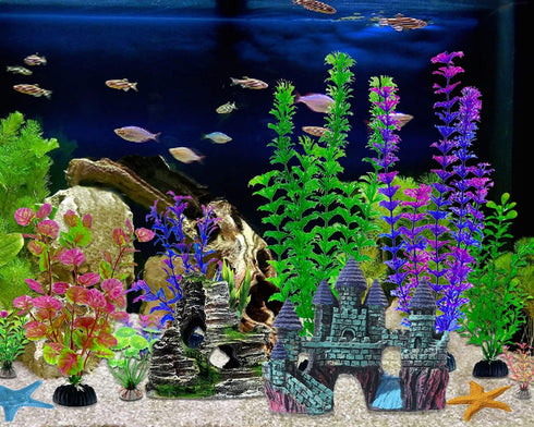 13 Pieces Aquarium Decorations Kit, Fish Tank Decorations Set Small Resin Castle and Rockery Betta Fish Cave Hideout Coral Artificial Plastic Plan...