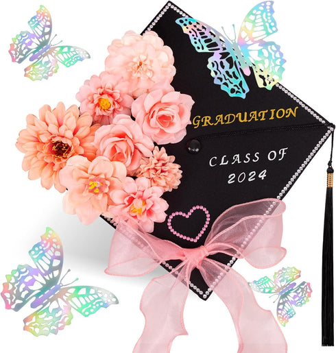 80UncleKimby Graduation Cap Decorations: DIY Grad Hat Topper Kit, Include Flowers Glitter Stickers Letters Butterflies - Handmade Decoration(No Gl...