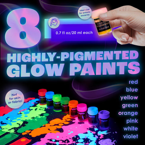 neon nights Glow in The Dark | Luminescent | Phosphorescent | Self-Luminous Paint - Set of 8...