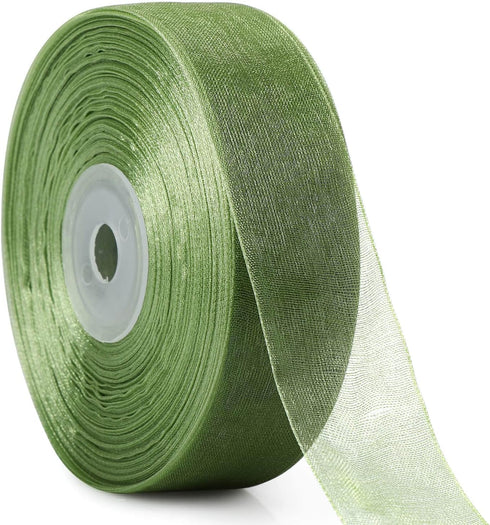 1 Inch Wide 50 Yards Green Sheer Chiffon Ribbon Organza Ribbon for Gift Wrapping (Green)...
