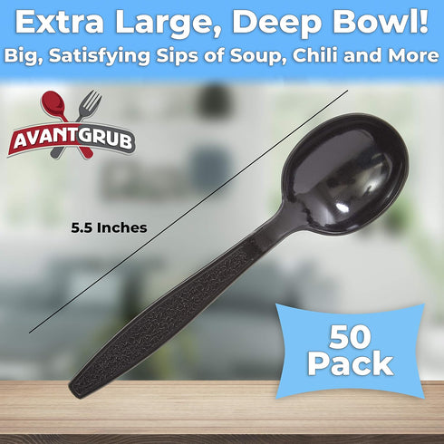 Extra Sturdy, Pro-Grade Plastic Soup Spoons 50 CT. Black, Heavy Duty Recyclable Utensils for Soups, Stews, Chili and Gumbo. Heavyweight Round Spoo...