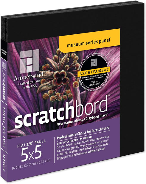 Ampersand Art Supply Scratchbord Art Panel: Museum Series Scratchboard, 1/8 Inch Flat Profile, 5" x 5" - Pack of 3...