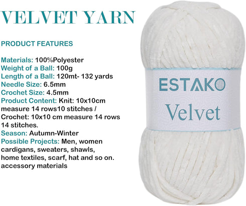 Estako Velvet Chenille Blanket amigurumi Yarn for Crocheting and Knitting Super Bulky 100 gr (132 yds) (1150 - Cream)...