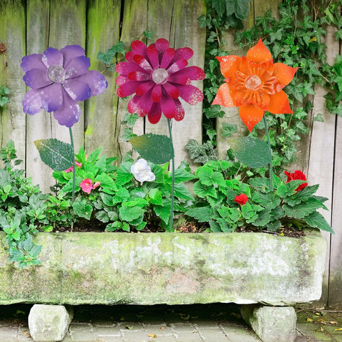 Floral Garden Stake Decor,Glow in Dark Outdoor Plant Pick Water Proof Metal Flower Stick for Lawn Yard Patio,Pathway Ornament,Set of 3...