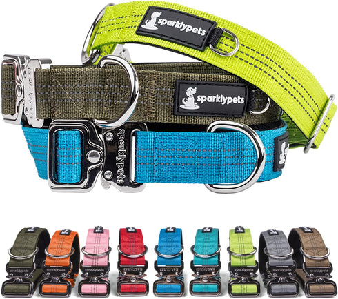 SparklyPets Heavy Duty Wide Dog Collar with Quick Release Chrome Buckle – Tactical Dog Collar with Reflective Stripes & Soft Lining – Thick Dog Co...