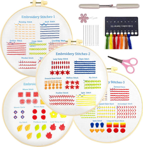 Generic 4 Sets Embroidery Kit for Beginners,Cross Stitch Kits with Simple Embroidery Patterns,Crafts Include Color Threads,2 Hoops and Tools...