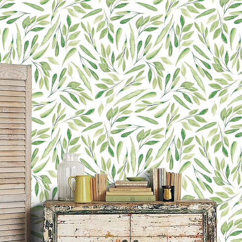 HAOKHOME 93199-2 Boho Peel and Stick Wallpaper Green Branches Leaves Removable Vinyl Self Adhesive Contact Paper 17.7in x 9.8ft...