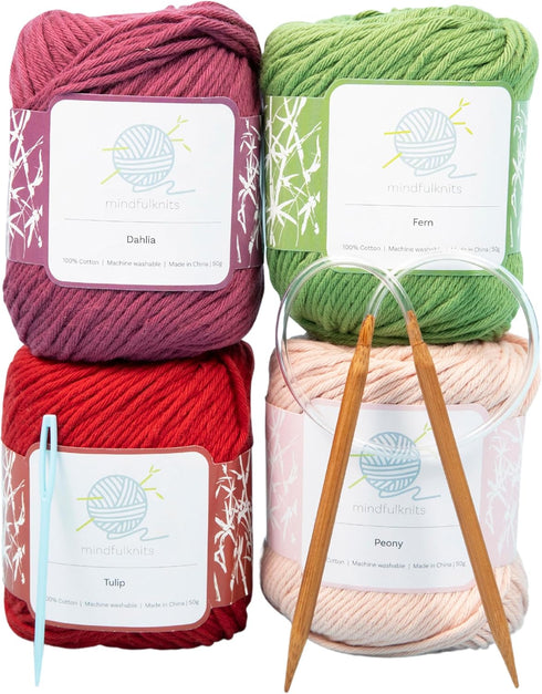 mindfulknits - Beginners Washcloth Knitting Kit - Includes 100% Cotton Knitting Yarn + Circular Knitting Needles & Yarn Needle (Flora Colored Cott...