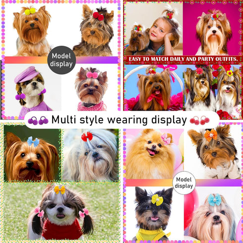 100pcs Dog Hair Bows, Bulk Cute Puppy Pet Small Dog Hair Bows with Rubber Bands, Mix Handmade Flower Puff Ball Rhinestone Pearls Dog Bows, Yorkie ...