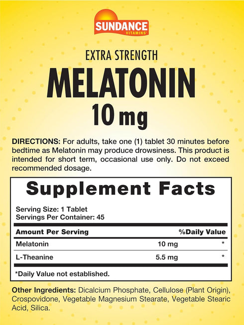 Sundance Melatonin 10mg Extra Strength | 45 Tablets | Vegetarian, Non-GMO, and Gluten Free Supplement...