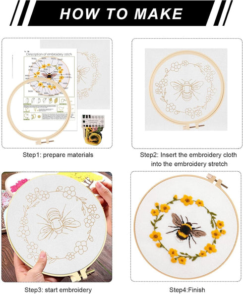 Lukinbox Embroidery Kit for Beginners Adults, 3 Sets Cross Stitch Starter Kits Include 3 Stamped Embroidery Clothes with Floral and Bee Pattern, 1...
