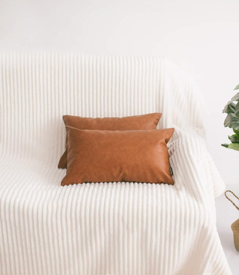 Faux Leather Lumbar Throw Pillow Cover 12x20 Decorative Bedroom Living Room Modern Boho Accent Rectanglar Cognac Brown Small Cushion Case for Bed ...
