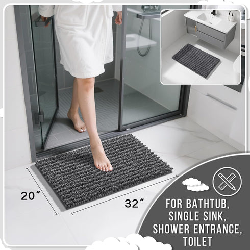 Yimobra Bathroom Rugs Non Slip Washable 32x20 Inch - Ultra Soft Absorbent Chenille Bath Mat, Quick Dry Shaggy Floor Carpet for Tub Shower, Dark Gr...