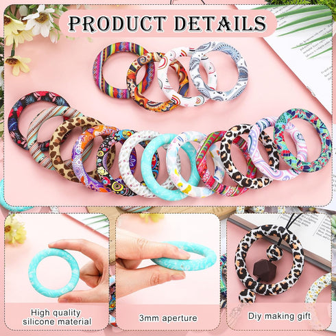 Motionchic 16 Pcs Silicone Beadable O Rings 65mm Silicone Bead Ring Round Silicone Bead Loop with 2 Hole Silicone Focal Bead for DIY Keychain Car ...