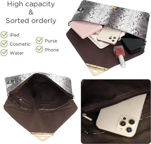 CLARA Women Fashion Snakeskin Pattern Clutch Handbag Envelope Bag Chain Shoulder Bag Evening Party Bag...