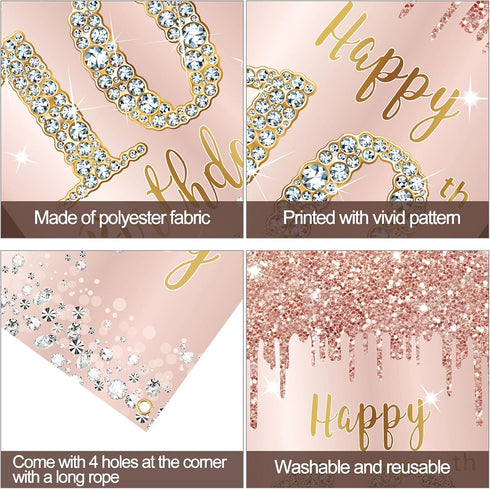 Happy 10th Birthday Door Banner Backdrop Decorations, Pink Rose Gold 10 Year Old Birthday Party Door Cover Sign Supplies, Large Ten Birthday Poste...
