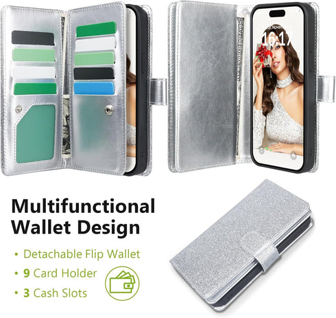 Varikke for iPhone 13 Pro Max Wallet Case Detachable with Card Holder for Women, Fashion Glitter PU Leather Strap Magnetic Flip Wallet Removable P...