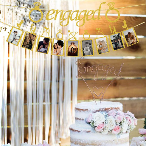 Engagement Wedding Decorations, Gold Engaged Banner and Photo Banner with Romantic Memories Picture Card Frames for Engaged/Wedding/Anniversary/Va...