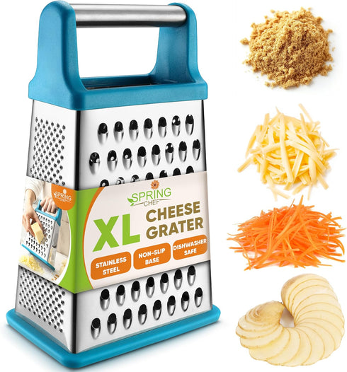 Spring Chef Handheld Stainless Steel XL Parmesan Cheese Grater with Handle - 4 Sided Metal Box Grater for Kitchen - Dishwasher Safe Potato Shredde...