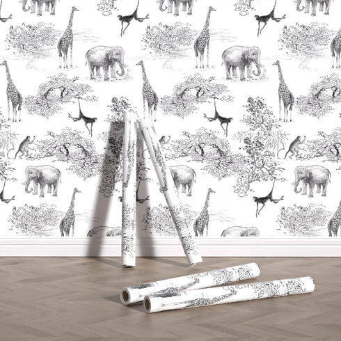 Peel and Stick Wallpaper Giraffe and Elephant Black/White Wallpaper for Kids Room Forest Animals Wallpaper Vintage Contact Paper Nursery Wallpaper...