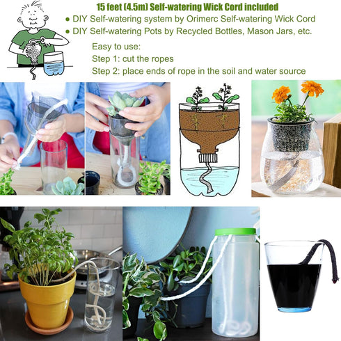 ORIMERC 2 Pack 500mL Watering Bottle with 15 feet Self Watering Wick Cord for Indoor Plants Succulent Cactus Plastic Squeeze Water Can Long Nozzle...