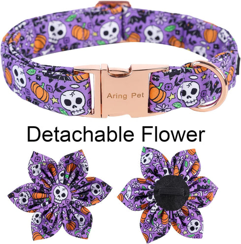 ARING PET Halloween Dog Collar Cute Pumpkin Dog Collar with Flower, Cotton Purple Skull Bat Dog Collars Girl Daisy Puppy Collar with Metal Buckle...
