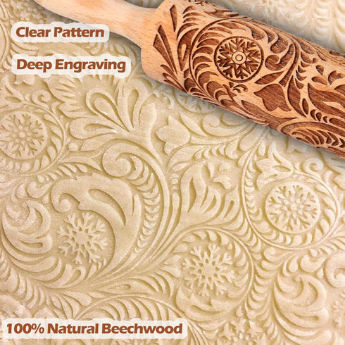 Embossed Rolling Pin for Baking, Cookie Embossing Rolling Pins with Flower Pattern Christmas Snowflake Paisley Wooden Engraved Dough Roller Clay P...