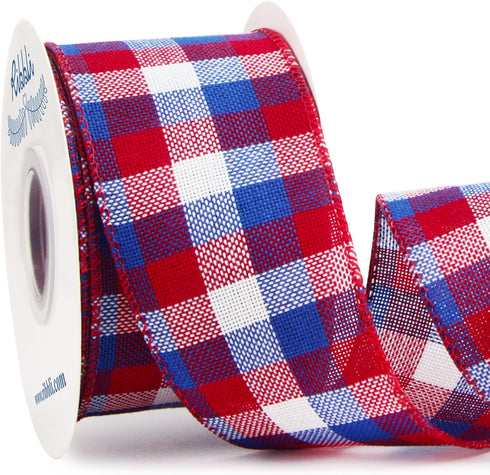 Ribbli Patriotic Red/White/Blue Check Wired Ribbon, 2-1/2 Inch x 10 Yard,4th of July Buffalo Plaid Ribbon,Burlap Ribbon for Big Bow,Wreath,Tree De...