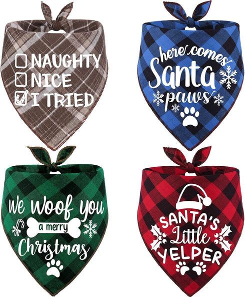 4 Pack Christmas Dog Scarves - Plaid Triangle Bandanas for Small to Large Dogs and Cats - Holiday Pet Accessories Gift Set...