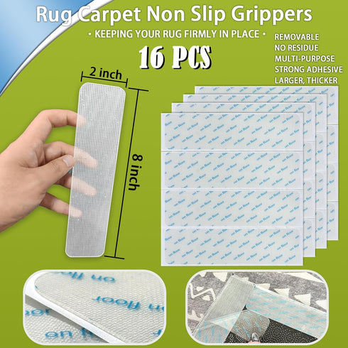 Rug Carpet Non Slip Grippers, 16Pcs Large Carpet Tape Pads Reusable, Removable Strong Adhesive No Damaging for Floor, Double Sided Rug Carpet Tape...