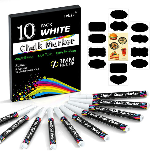 White Liquid Chalk Markers Set, Pack of 10 White Chalkboard Paint Pens with 12 Chalkboard Labels, 5 Stickers, Perfect for Chalkboards, Bistro Boar...