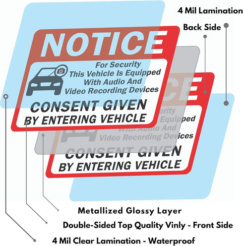 10-Pack Double Sided 3.5"x2.5" - Notice Vehicle is Equipped with Audio and Video Recording Devices Consent by Entering Car Sticker-Vinyl Decal, UV...