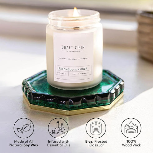 Craft & Kin Patchouli & Amber Scented Candle | 8 Oz 45 Hour Long Lasting | Classic Soy Spring Scented Candles Wood Wick | Made with Natural Soy | ...