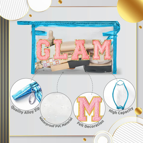 Preppy Patch Cosmetic Bag - Summer GLAM Chenille Varsity Letter Toiletry Bag Transparent PVC Zipper Makeup Bag Waterproof Portable Travel Beach Ba...
