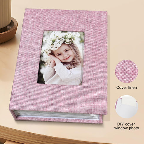 Photo Album 4x6 100 Pockets, Linen Cover Top Loader Vertical, Slip-in Picture Pink Pockets Albums for Wedding, Family, Anniversary, Baby, Vacation...