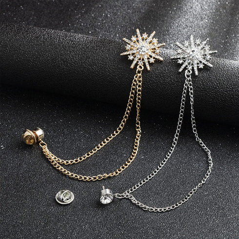 Snowflake Rhinestone Brooches, Hanging Chain Tassel Badge, Gold Silver Snowflake Long-chain Brooches Shirt Collar Lapel Pin for Men Women Suit Acc...