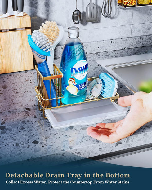 Consumest Sink Caddy, Kitchen Sponge Holder + Dish Brush Holder for Kitchen Sink, Sink Organizer with Drip Tray for Countertop, Stainless Steel Ru...