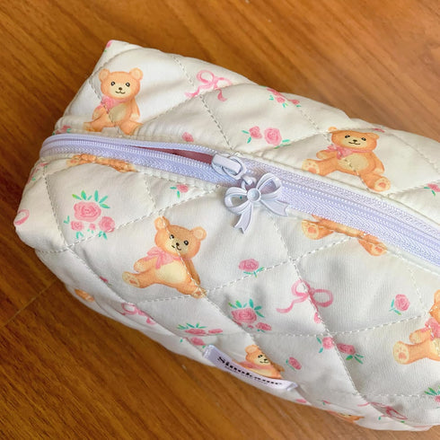 Cute Travel Makeup Bag, Cotton Quilted Small Cosmetic Bag Handmade, Bear Bow Patterns Coquette Aesthetic Floral Pouches Toiletry Brushes Pencil Or...