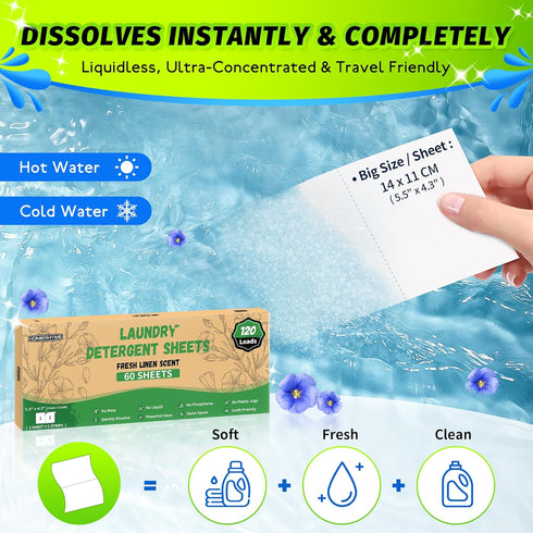 Laundry Detergent Sheets - Fresh Linen Scent 120 Loads (60 Sheets),Plastic Free,Laundry Detergent Strips for Travel,Dorms, Home,Apartments,Liquidl...