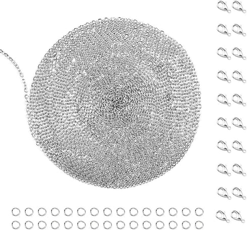 WXJ13 Silver Stainless Steel Cable Chain Brand 11m 36FT Jewelry Making Chains with 20 Lobster Clasps and 30 Jump Rings for Pendant Necklace DIY Ma...