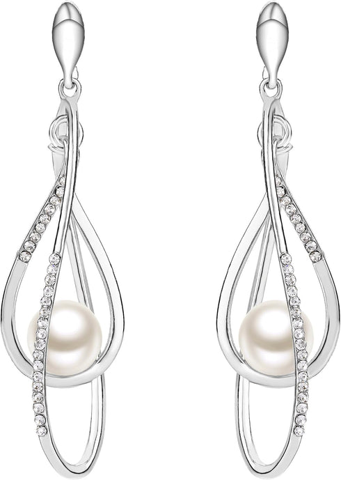 EVER FAITH Women's Austrian Crystal Simulated Pearl Twist Chandelier Teardrop Dangle Earrings Clear...