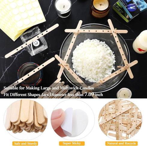 Zonon 100 Pcs 7 Holes Wooden Candle Wick Holders Centering Tool 200 Pcs Candle Wick Stickers for DIY...