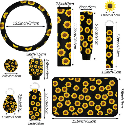 16 Pieces Sunflower Car Accessories Set Steering Wheel Cover Armrest Pad Gear Knob Cover Handbrake Cover Seat Belt Cover Cup Holder Vent Decoratio...