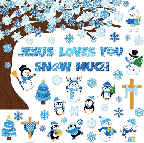 Zonon 114 Pcs Winter Bulletin Board Decorations Christmas Christian Tree Bulletin Board Cutouts Religious Classroom Decoration Snowflake Snowman C...