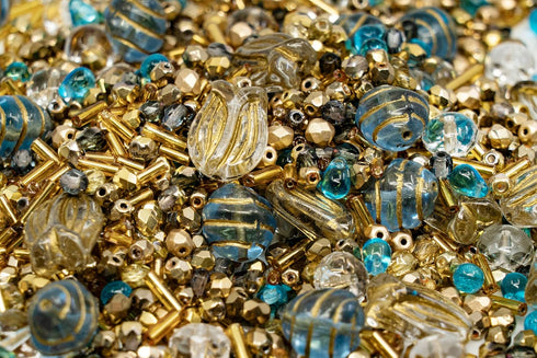 2.1oz (60 g) Mix of Unique Czech Bohemia Glass Pressed Beads, Rocailles, Aztec Pale Gold Crystal, Matte and Glossy, Hand Made BCV...