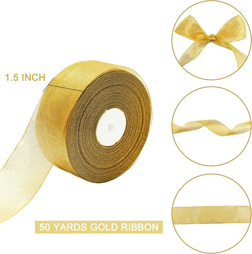 50 Yards Gold Glitter Ribbon 1 1/2 Inch, Sparkly Width Solid Fabric Ribbon for Gift Wrapping, Crafts, Holiday Wedding Birthday Party Decoration Fl...