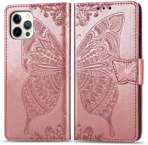for iPhone 12 Pro/iPhone 12 Wallet Case,Women Flip Folio Cover with Butterfly Embossed PU Leather Kickstand Credit Card Holder Slots Wrist Strap f...