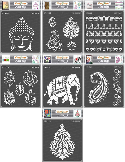 CrafTreat Indian Stencils for Painting on Wood, Wall, Tile, Canvas, Paper and Floor - Indian Theme Bundle - 7 Pcs - 6x6 Inches Each - Reusable DIY...